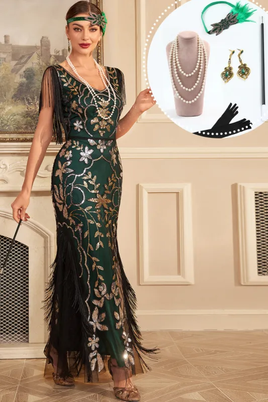 Green Golden Sequins Fringe Long 1920s Flapper Dress with Accessories Set sold by Zapaka