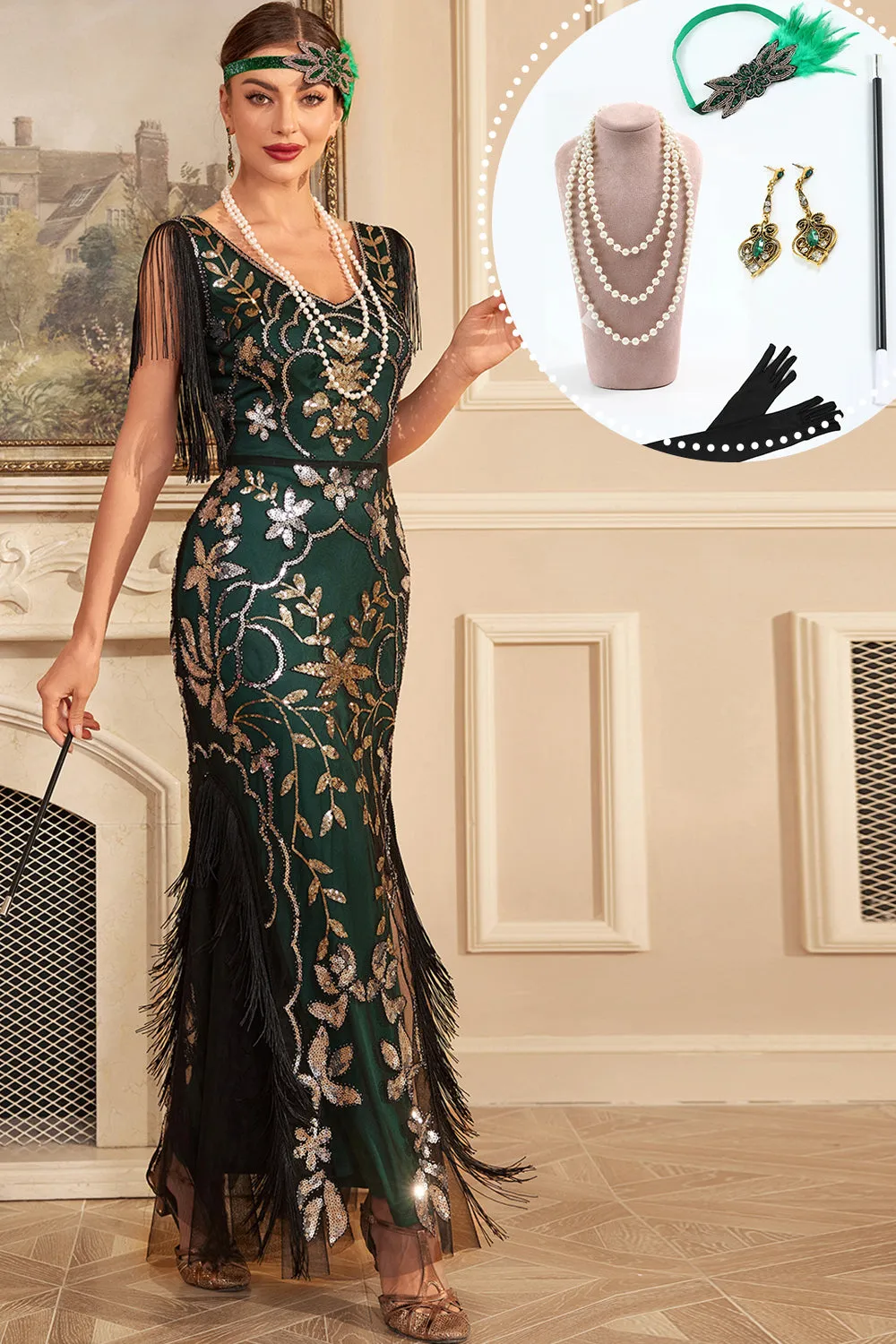 Green Golden Sequins Fringe Long 1920s Flapper Dress with Accessories Set sold by Zapaka