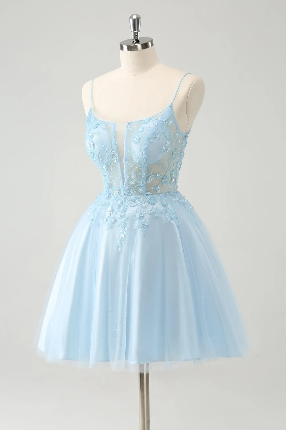 Cute Glitter Blue A Line Beaded Corset Tulle Homecoming Dress with Appliques sold by Zapaka product image thumbnail 3