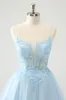 Cute Glitter Blue A Line Beaded Corset Tulle Homecoming Dress with Appliques sold by Zapaka
