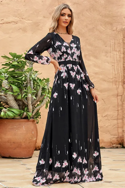 Black A-Line V Neck Print Long Formal Dress With Long Sleeves sold by Zapaka