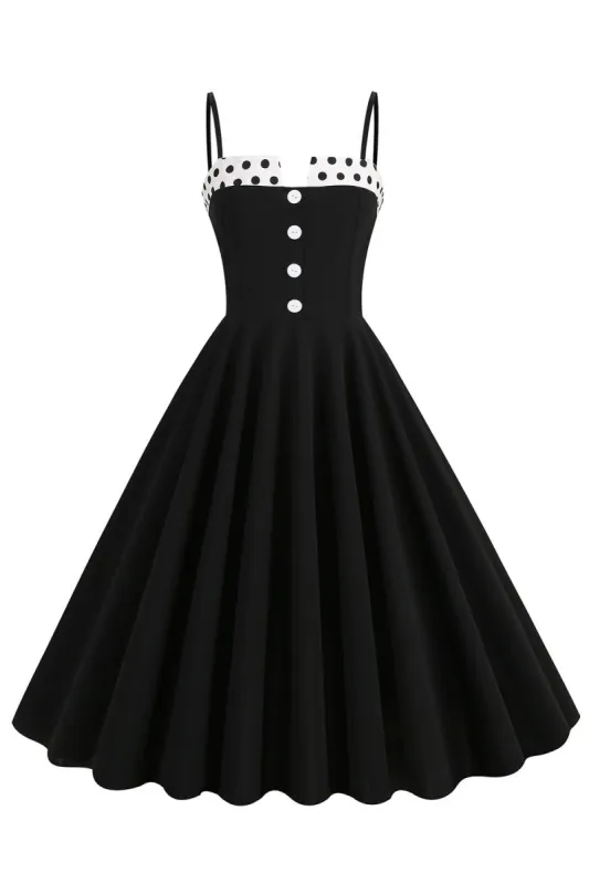 Black Spaghetti Straps Polka Dots Swing 1950s Dress sold by Zapaka