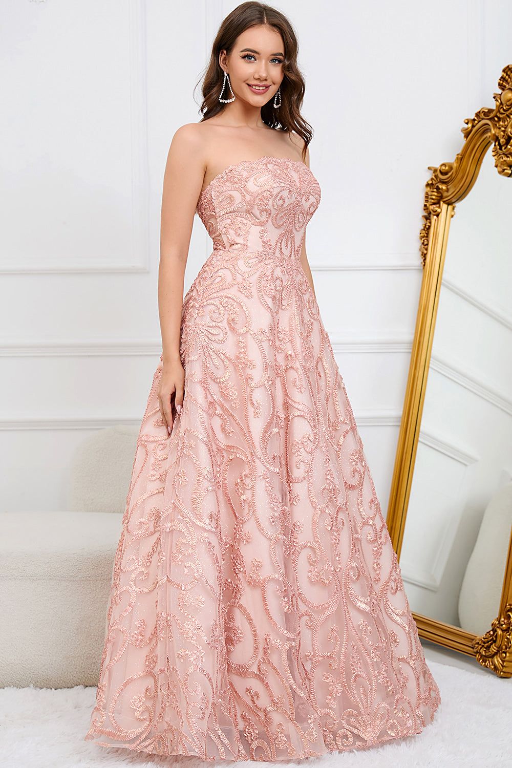 A-Line Strapless Blush Long Prom Dress with Appliques sold by Zapaka product image thumbnail 3