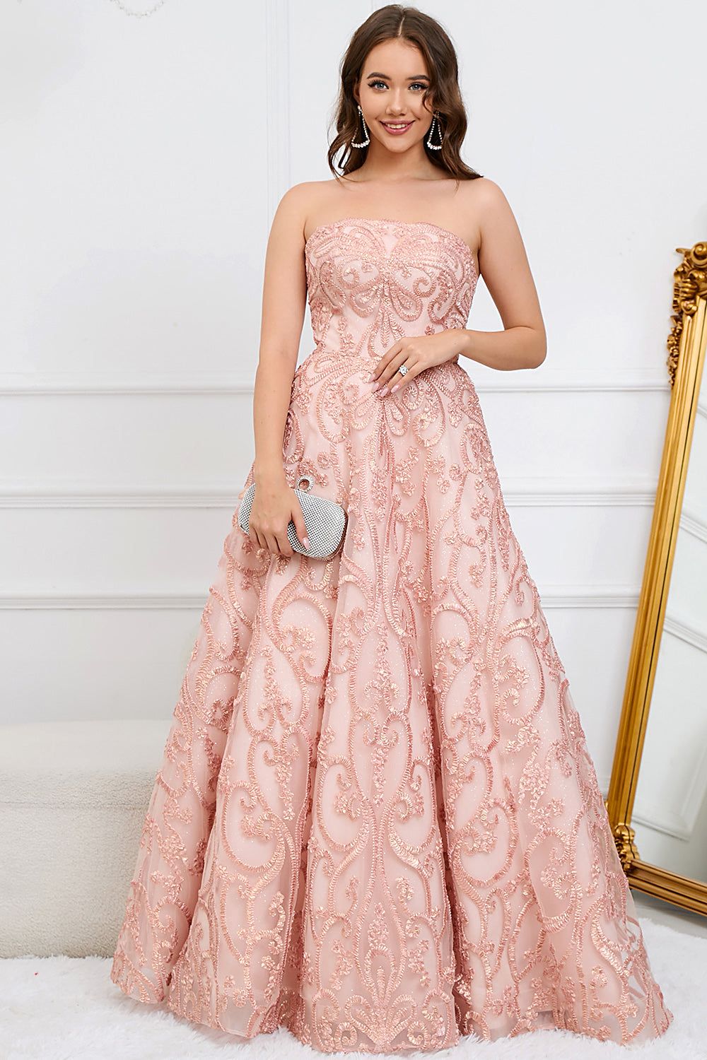A-Line Strapless Blush Long Prom Dress with Appliques sold by Zapaka