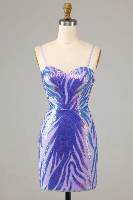 Purple Spaghetti Straps Sequin Bodycon Homecoming Dress sold by Zapaka