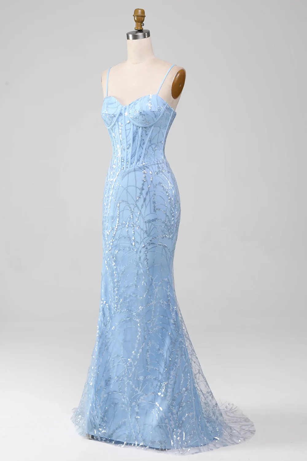 Light Blue Mermaid Sparkly Sequin Long Corset Prom Dress sold by Zapaka product image thumbnail 3