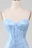 Light Blue Mermaid Sparkly Sequin Long Corset Prom Dress sold by Zapaka