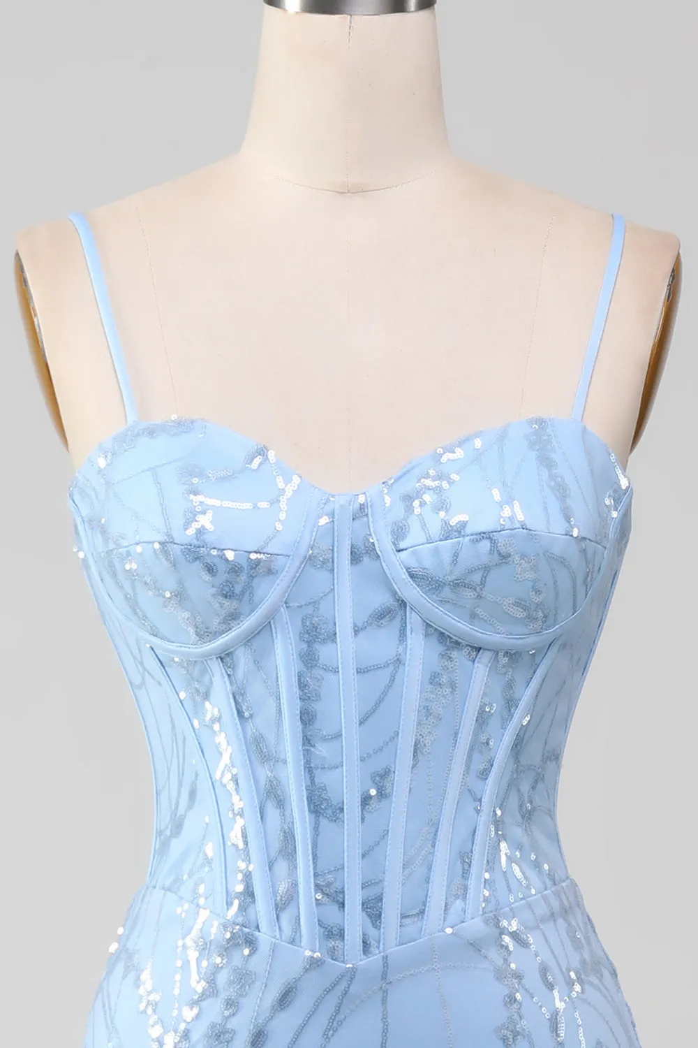 Light Blue Mermaid Sparkly Sequin Long Corset Prom Dress sold by Zapaka product image thumbnail 4
