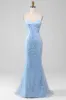Light Blue Mermaid Sparkly Sequin Long Corset Prom Dress sold by Zapaka