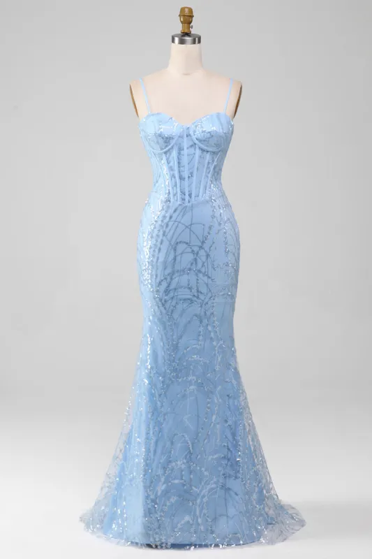 Light Blue Mermaid Sparkly Sequin Long Corset Prom Dress sold by Zapaka