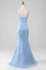 Light Blue Mermaid Sparkly Sequin Long Corset Prom Dress sold by Zapaka