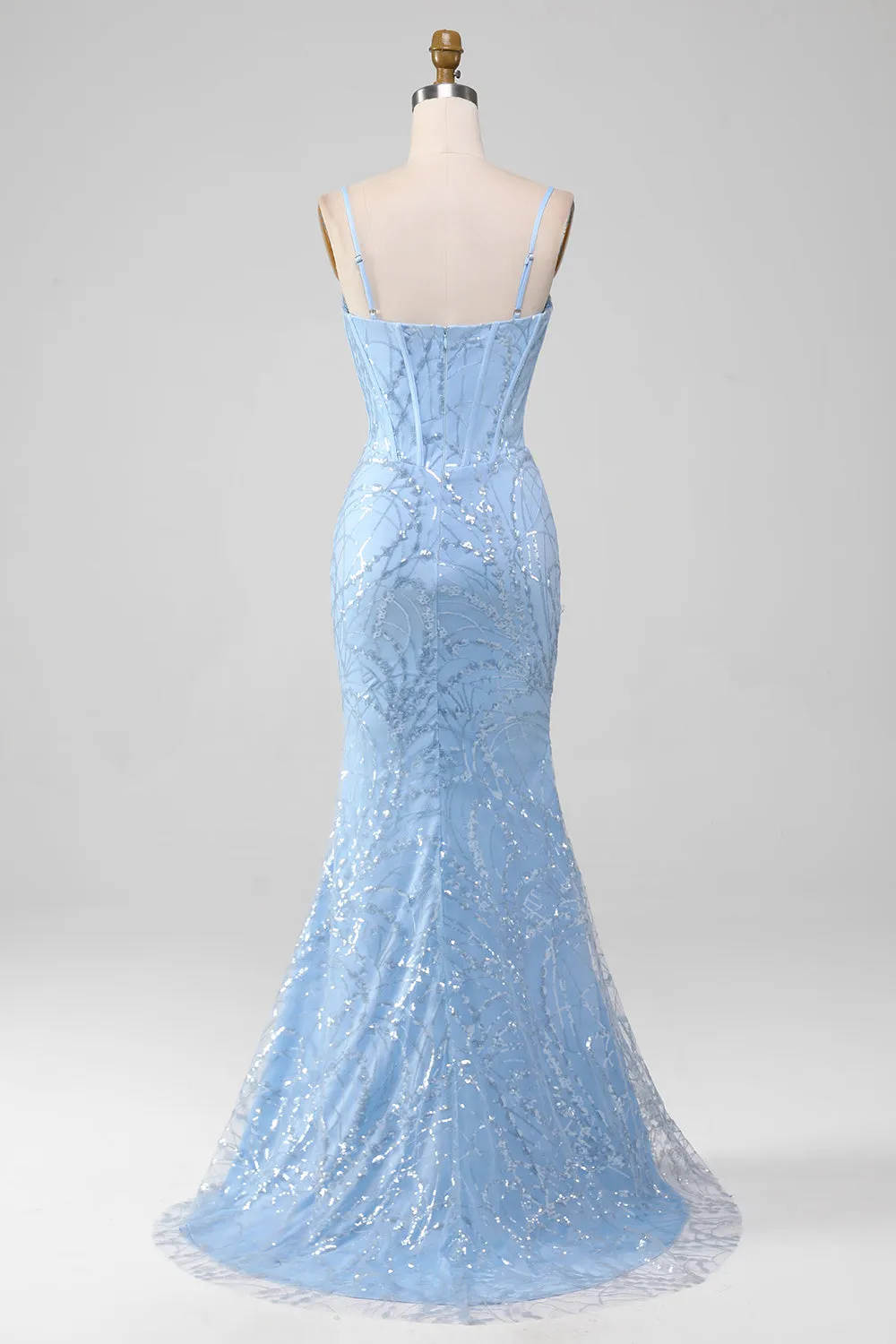 Light Blue Mermaid Sparkly Sequin Long Corset Prom Dress sold by Zapaka product image thumbnail 2