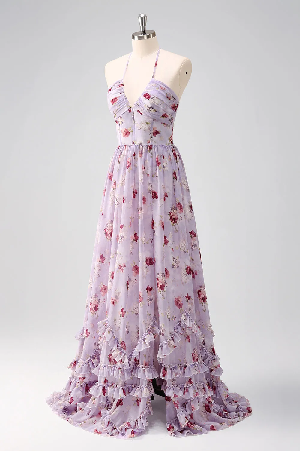 Grey Purple Floral A Line Corset Halter Bridesmaid Dress with Slit sold by Zapaka product image thumbnail 3