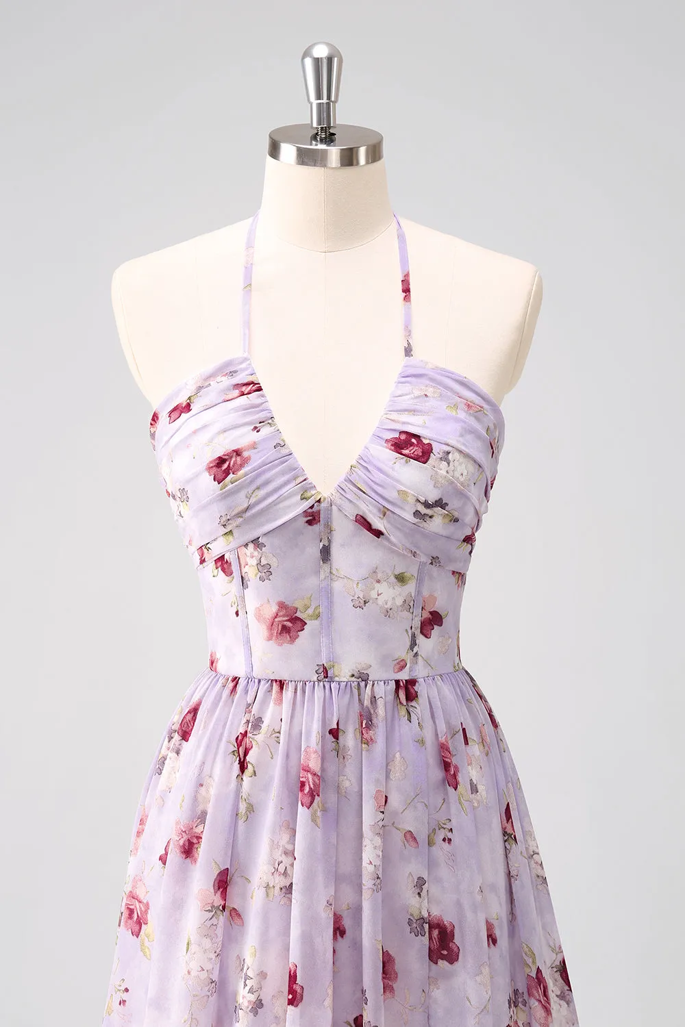 Grey Purple Floral A Line Corset Halter Bridesmaid Dress with Slit sold by Zapaka product image thumbnail 4