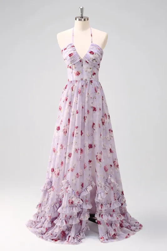 Grey Purple Floral A Line Corset Halter Bridesmaid Dress with Slit sold by Zapaka