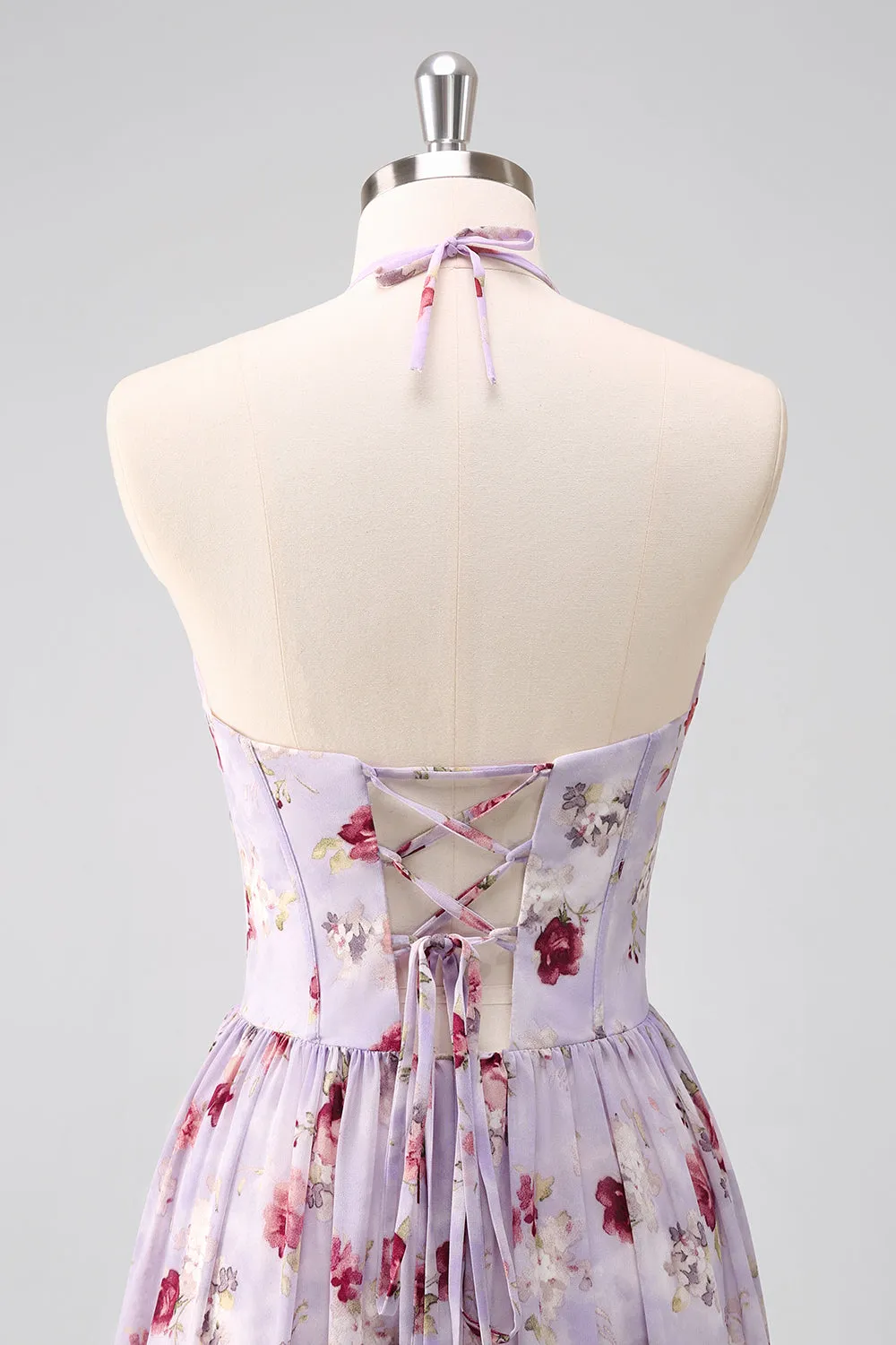 Grey Purple Floral A Line Corset Halter Bridesmaid Dress with Slit sold by Zapaka product image thumbnail 5