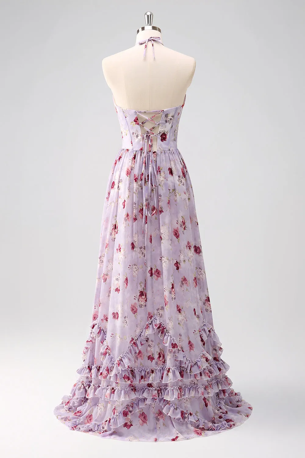 Grey Purple Floral A Line Corset Halter Bridesmaid Dress with Slit sold by Zapaka product image thumbnail 2