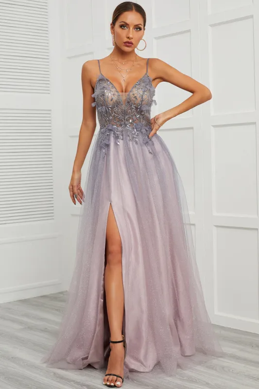 Spaghetti Straps Appliques Long Prom Dress with Split Front sold by Zapaka
