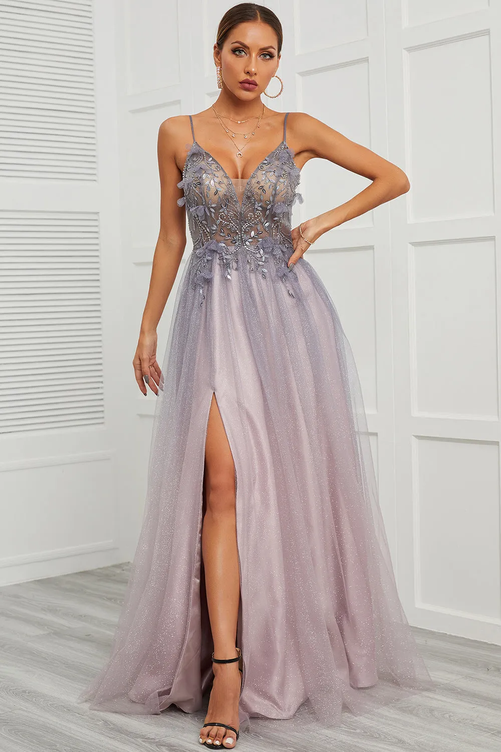 Spaghetti Straps Appliques Long Prom Dress with Split Front sold by Zapaka