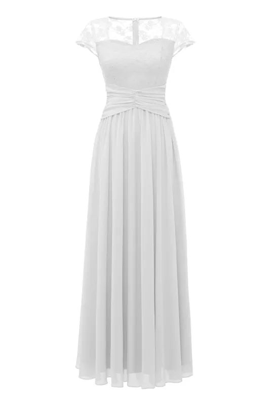 Elegant White Long Lace Dress with Cap Sleeves sold by Zapaka