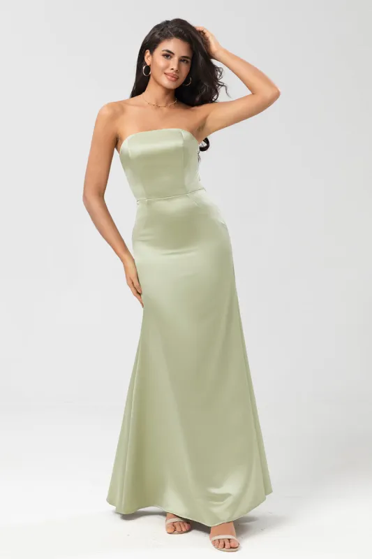 Strapless Satin Sheath Green Bridesmaid Dress sold by Zapaka