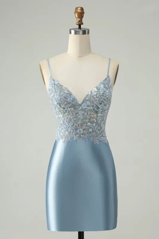 Glitter Dusty Blue Beaded Floral Tight Satin Homecoming Dress sold by Zapaka