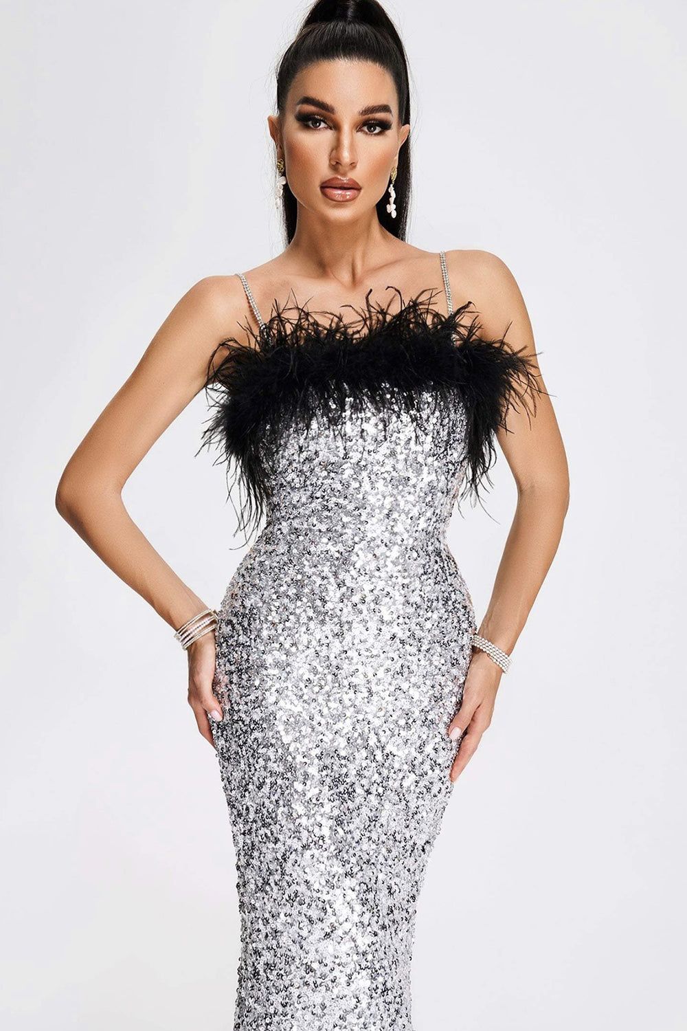 Silver Sequins Sparkly Cocktail Dress with Feathers sold by Zapaka product image thumbnail 3