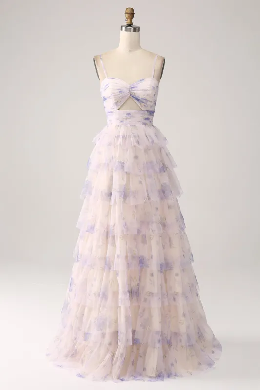 Lavender Flower Tiered Princess Long Prom Dress sold by Zapaka