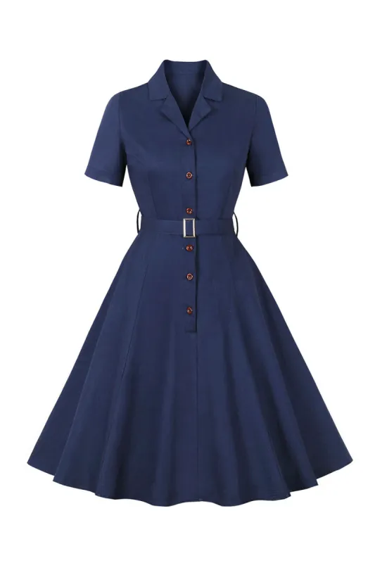 Navy Short Sleeves Button 1950s Dress sold by Zapaka