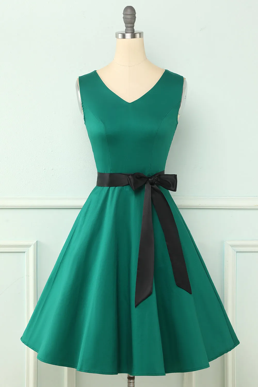 Green V Neck Vintage Dress with Sleeves sold by Zapaka
