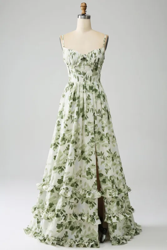 Green A-Line Spaghetti Straps Printed Pleated Long Prom Dress With Slit sold by Zapaka