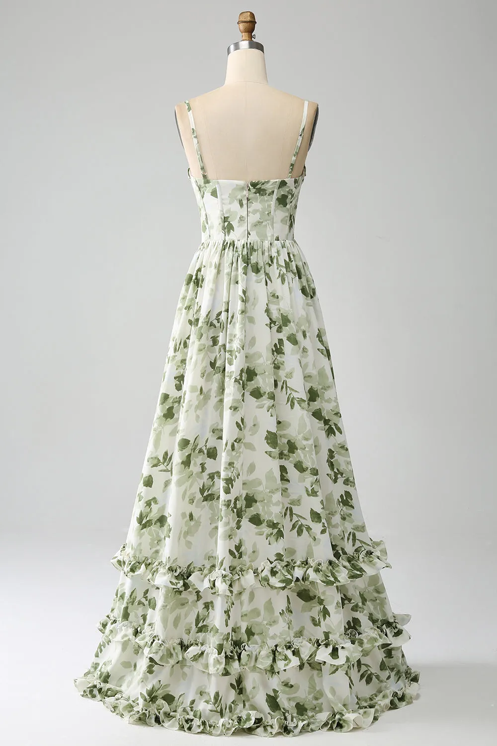 Green A-Line Spaghetti Straps Printed Pleated Long Prom Dress With Slit sold by Zapaka product image thumbnail 2