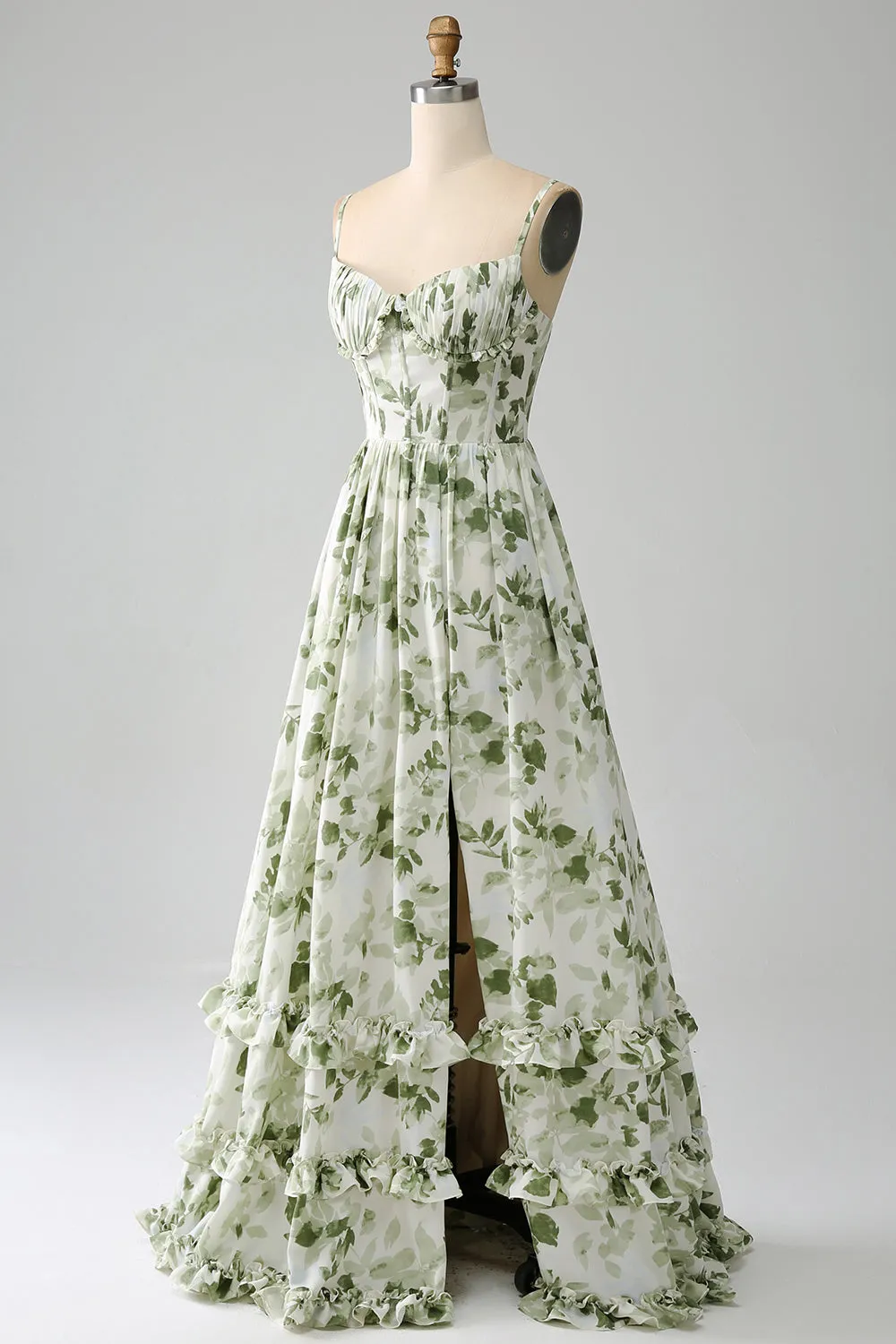 Green A-Line Spaghetti Straps Printed Pleated Long Prom Dress With Slit sold by Zapaka product image thumbnail 3