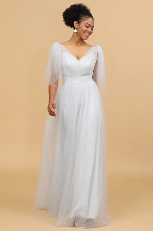 Grey Tulle V-Neck A-Line Bridesmaid Dress sold by Zapaka