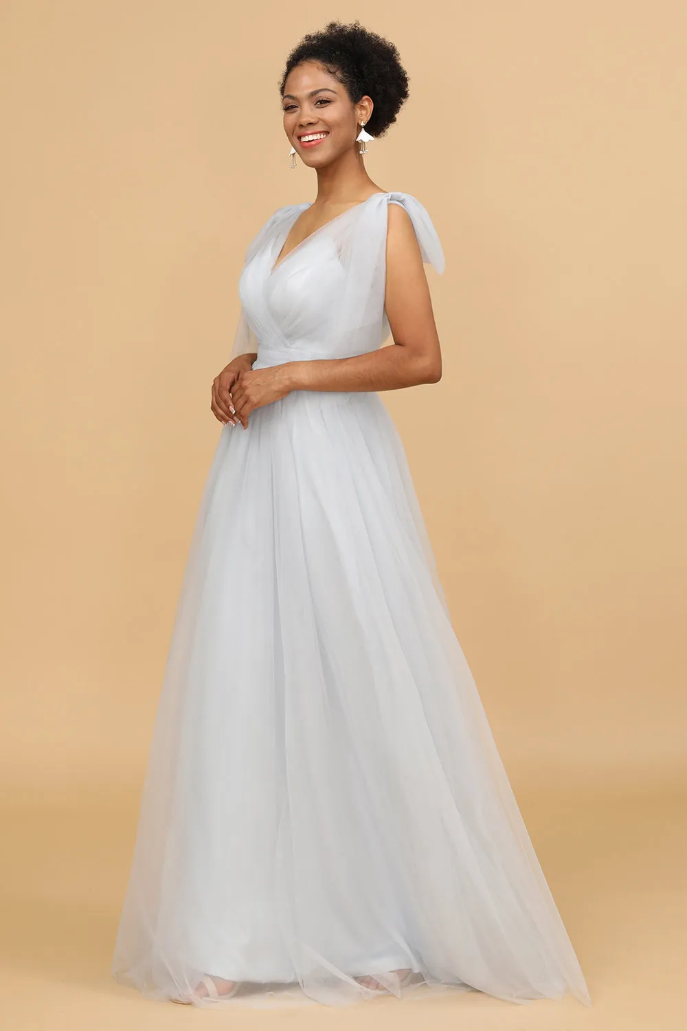 Grey Tulle V-Neck A-Line Bridesmaid Dress sold by Zapaka product image thumbnail 5