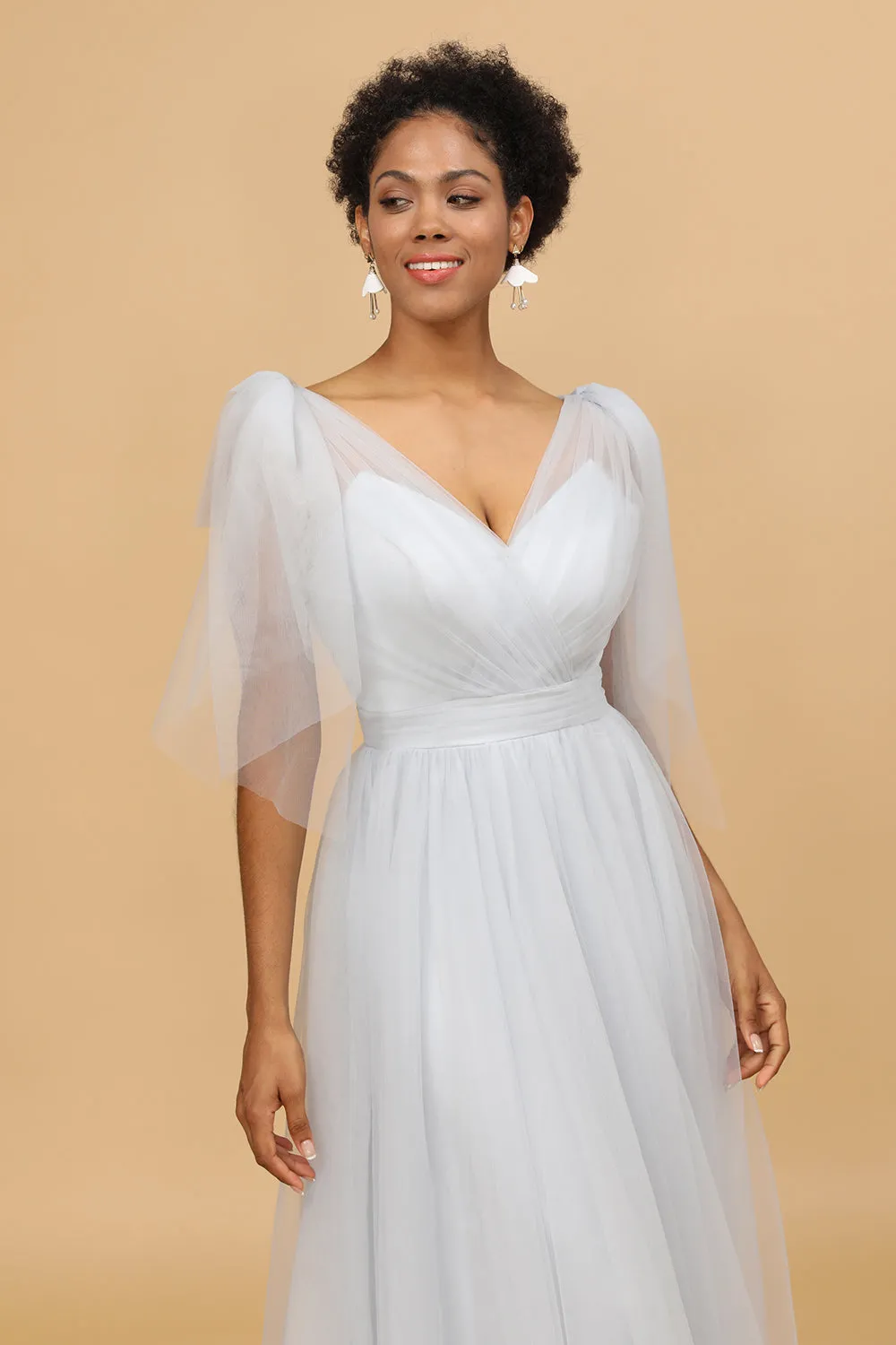 Grey Tulle V-Neck A-Line Bridesmaid Dress sold by Zapaka product image thumbnail 3