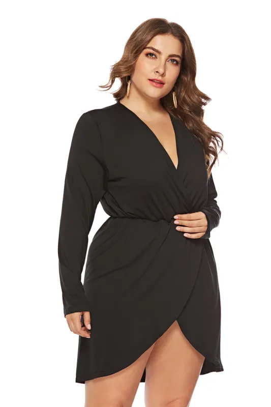 Plus Size Black Wrap V-Neck Party Dress sold by Zapaka