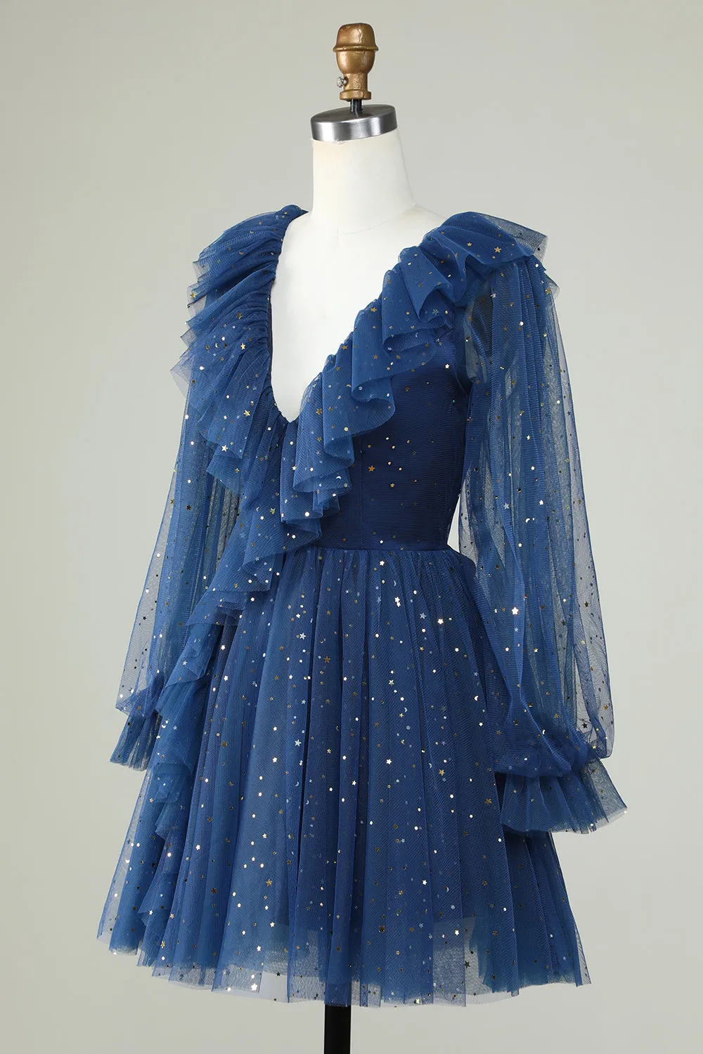 A Line Deep V Neck Navy Short Homecoming Dress with Ruffles sold by Zapaka product image thumbnail 3