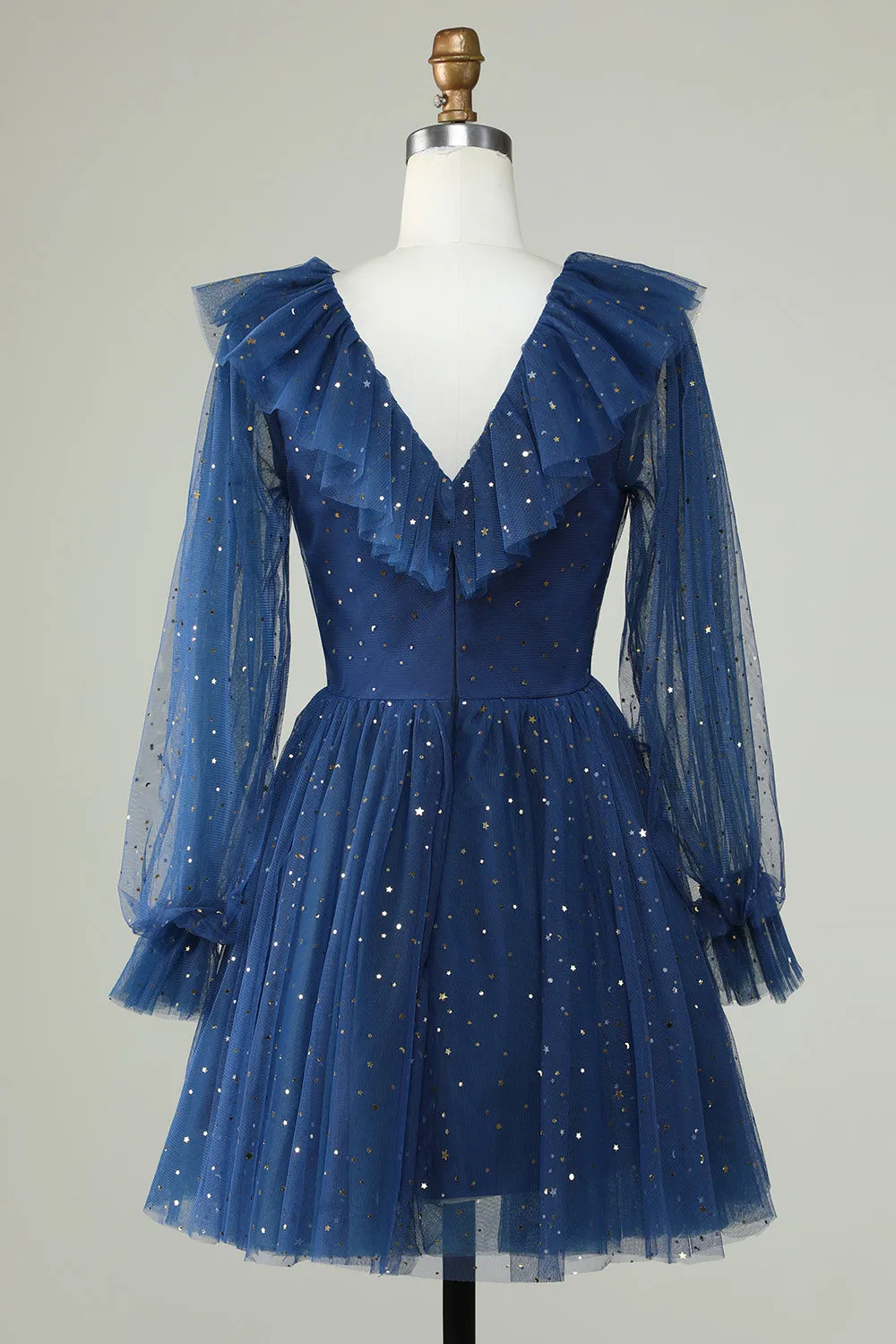 A Line Deep V Neck Navy Short Homecoming Dress with Ruffles sold by Zapaka product image thumbnail 2