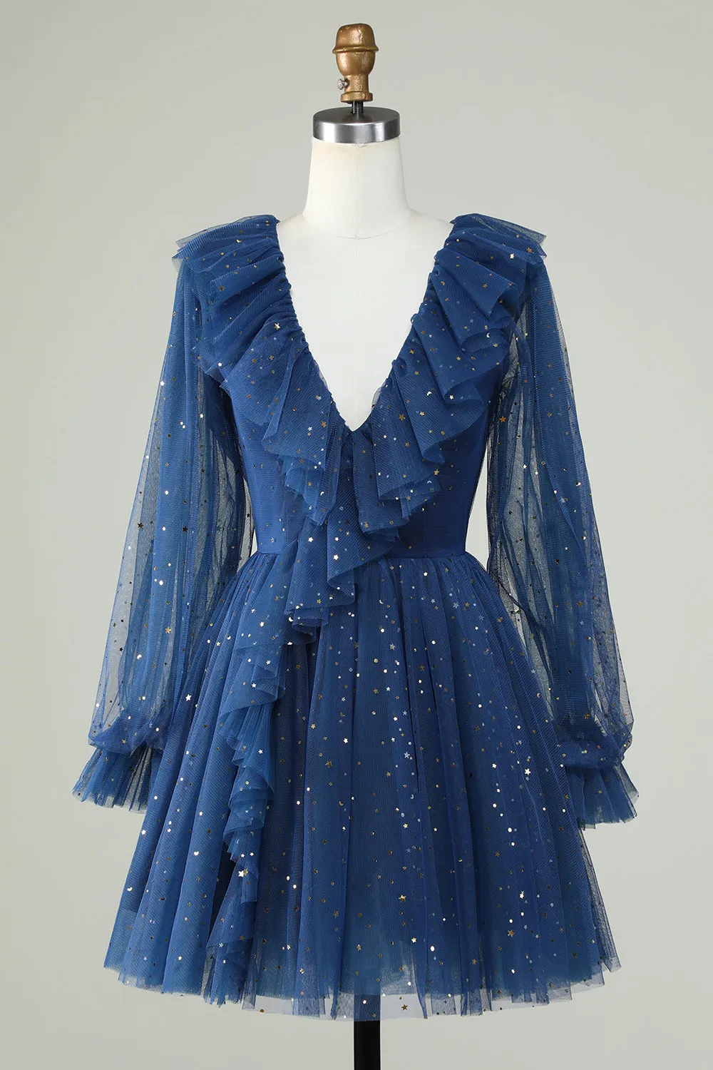 A Line Deep V Neck Navy Short Homecoming Dress with Ruffles sold by Zapaka