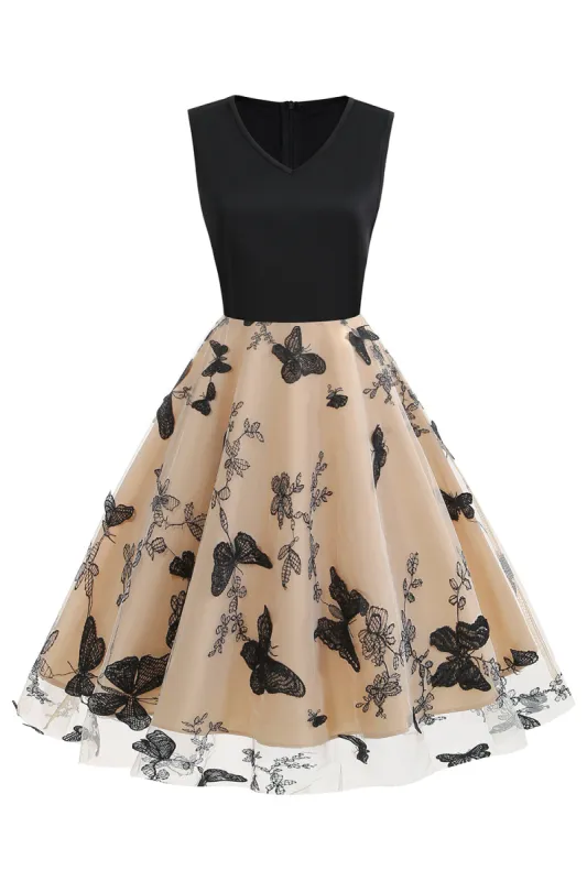 Black V-Neck Vintage 1950s Dress with Appliques sold by Zapaka