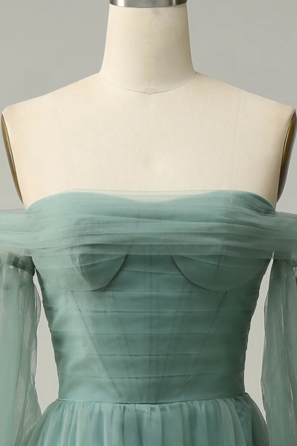 Off The Shoulder Grey Green A-Line Tull Prom Dress With Long Sleeves sold by Zapaka product image thumbnail 4