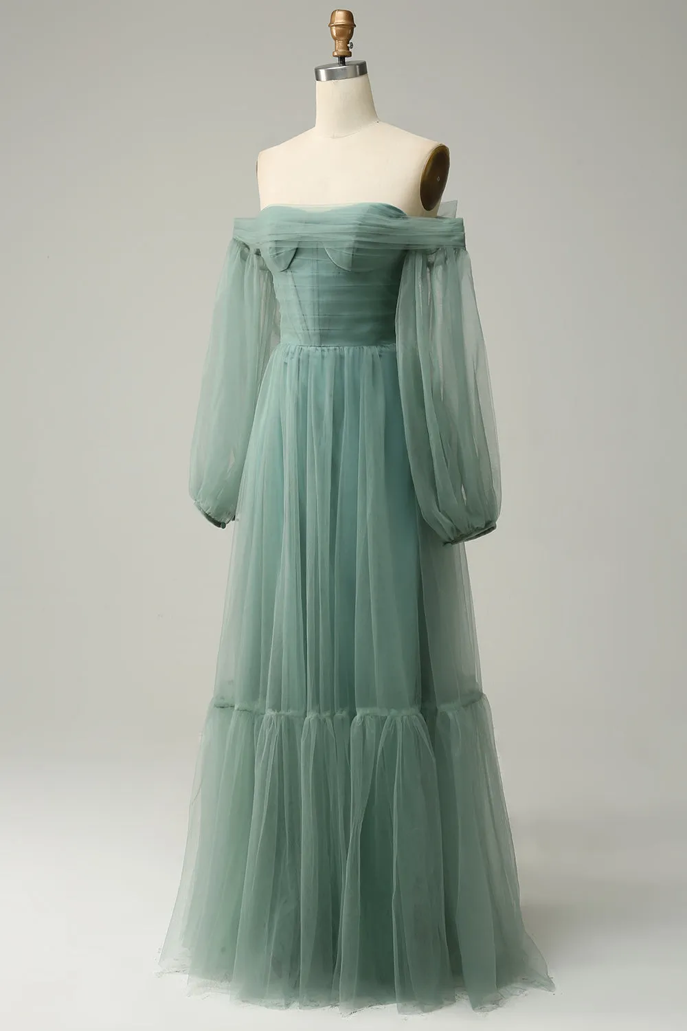 Off The Shoulder Grey Green A-Line Tull Prom Dress With Long Sleeves sold by Zapaka product image thumbnail 3