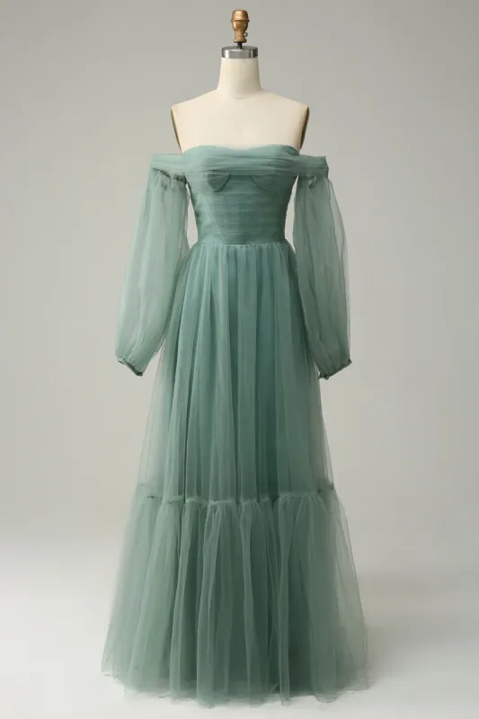 Off The Shoulder Grey Green A-Line Tull Prom Dress With Long Sleeves sold by Zapaka