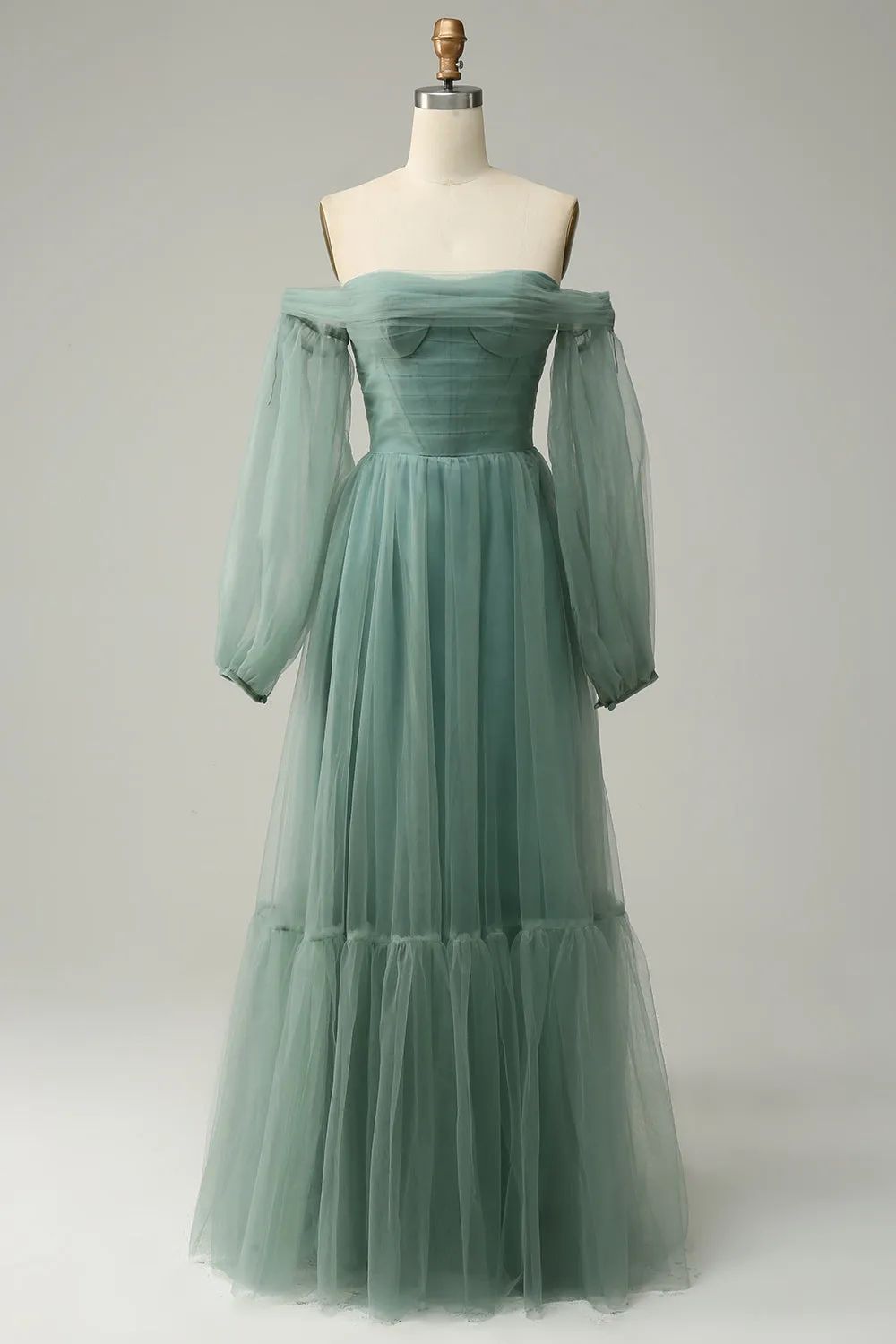 Off The Shoulder Grey Green A-Line Tull Prom Dress With Long Sleeves sold by Zapaka