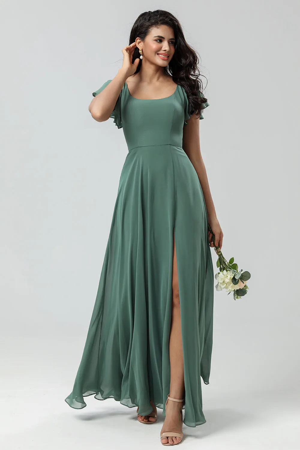 A-Line Green Long Bridesmaid Dress with Ruffles sold by Zapaka product image thumbnail 4