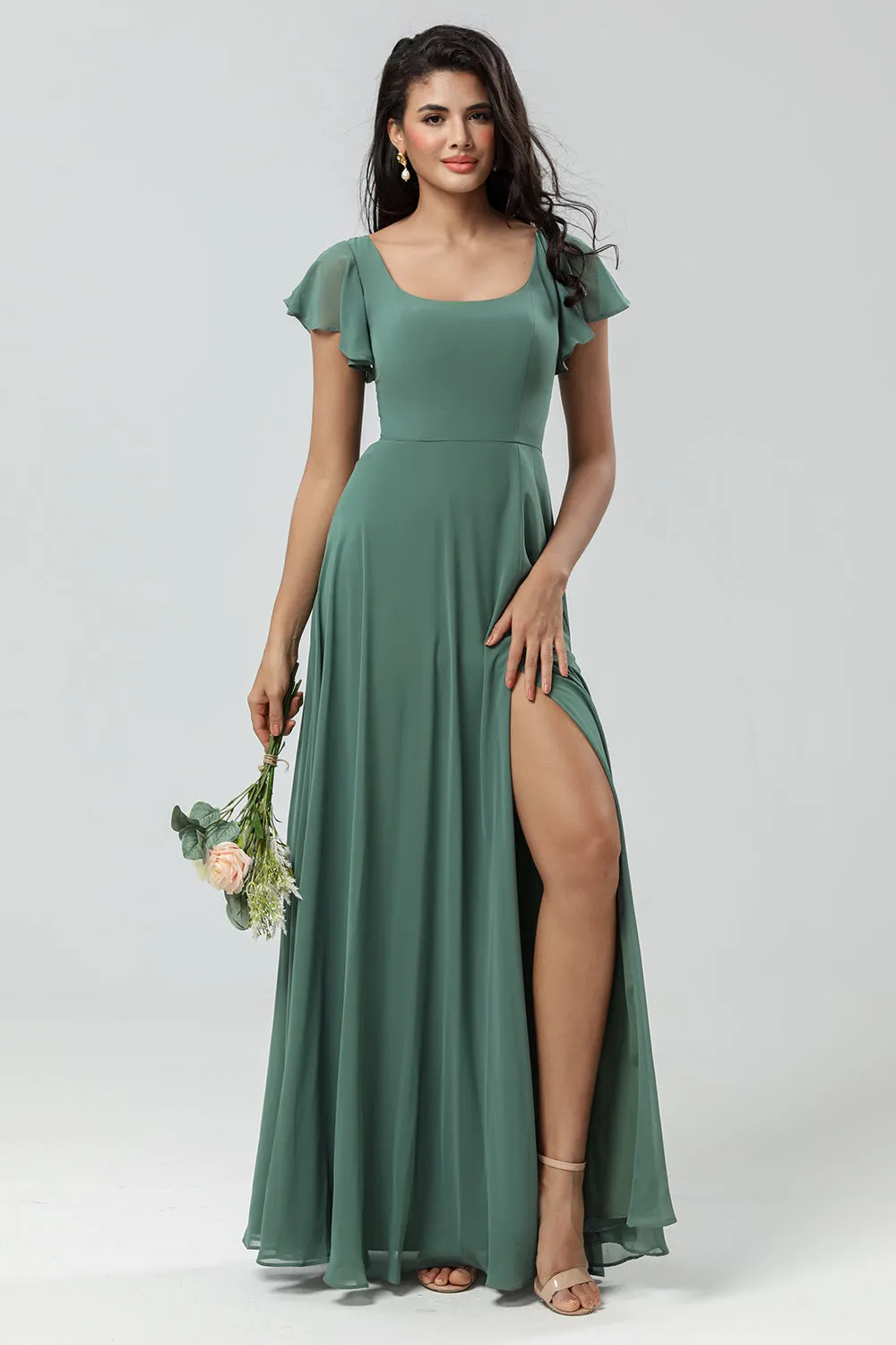 A-Line Green Long Bridesmaid Dress with Ruffles sold by Zapaka