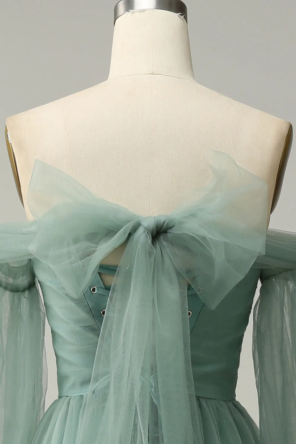 Off The Shoulder Grey Green A-Line Tull Prom Dress With Long Sleeves sold by Zapaka product image thumbnail 5