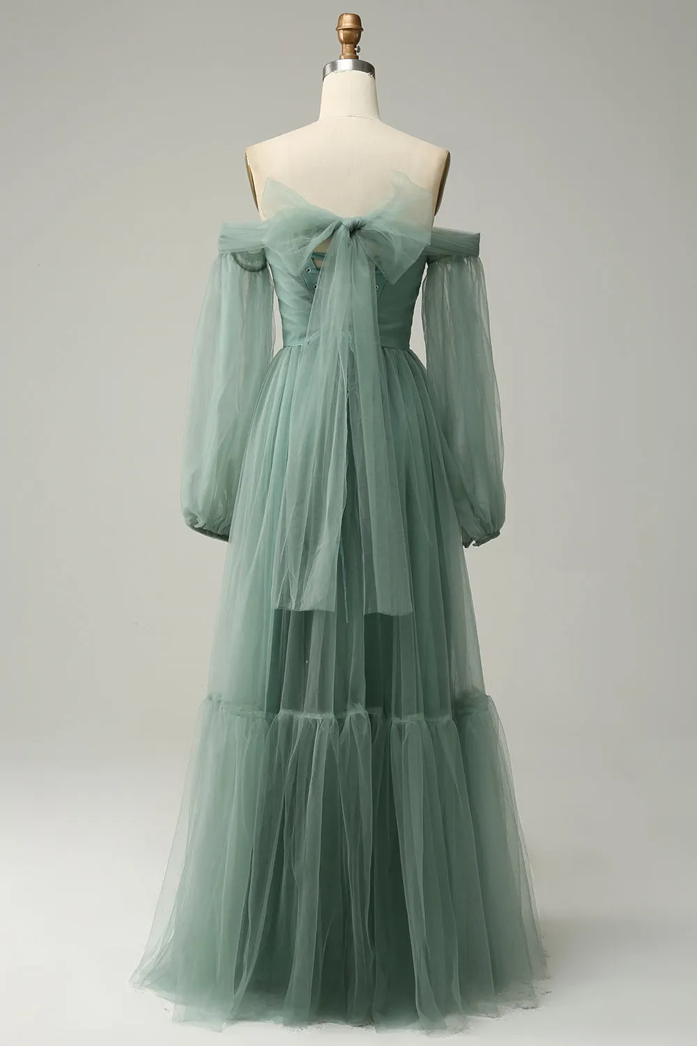Off The Shoulder Grey Green A-Line Tull Prom Dress With Long Sleeves sold by Zapaka product image thumbnail 2