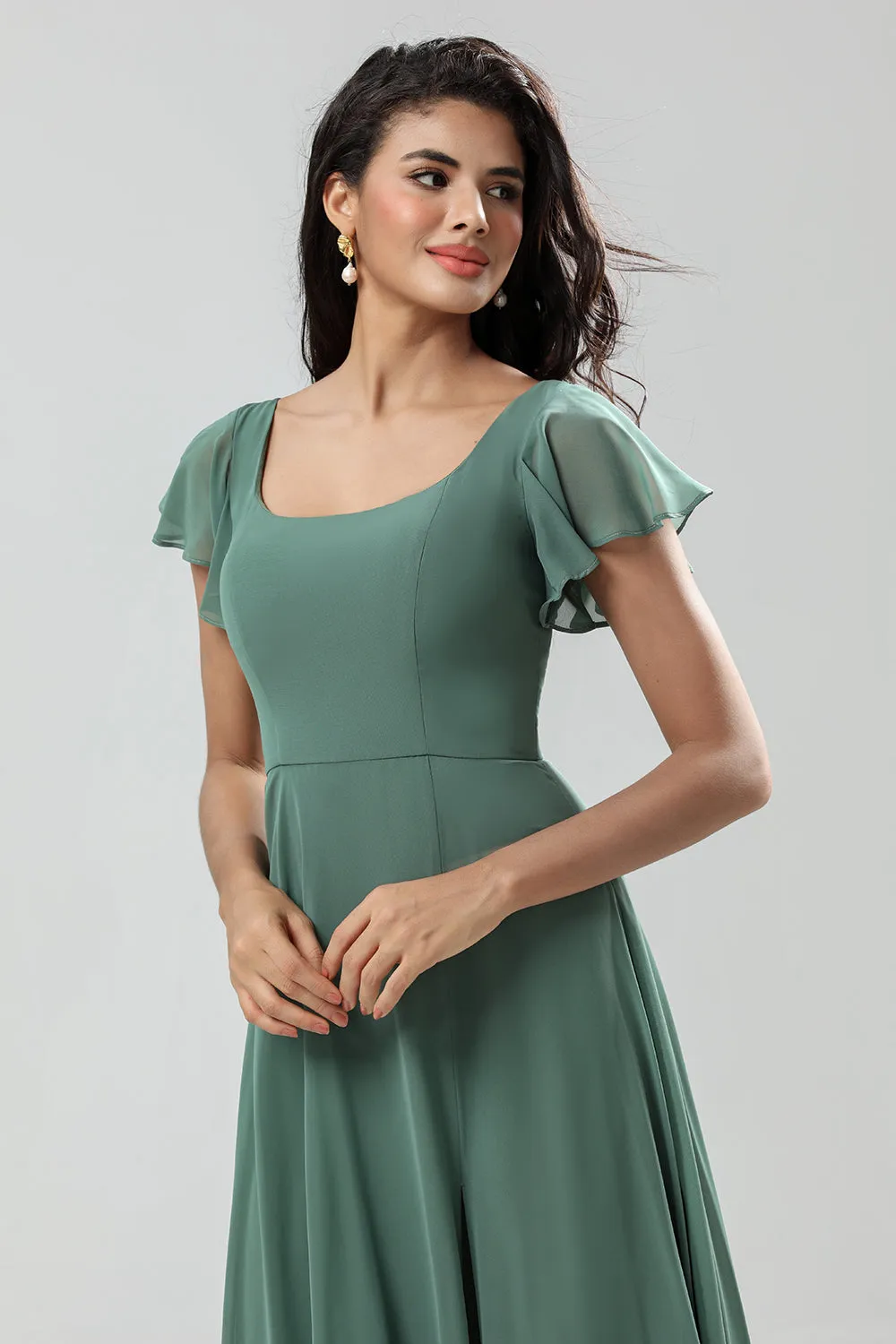 A-Line Green Long Bridesmaid Dress with Ruffles sold by Zapaka product image thumbnail 3